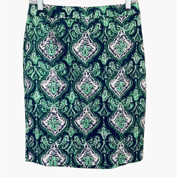 J Crew Paisley Pencil Skirt Women's Size 0 Blue Green Work Cruise Vacation Summe - Picture 7 of 8
